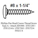 Picture of Phillips Pan Head Course Thread Screw Type A - Attach ZD1006 / ZTE1203 / ZTE1214A / ZTE7203 / ZTE7214-F8X11/4